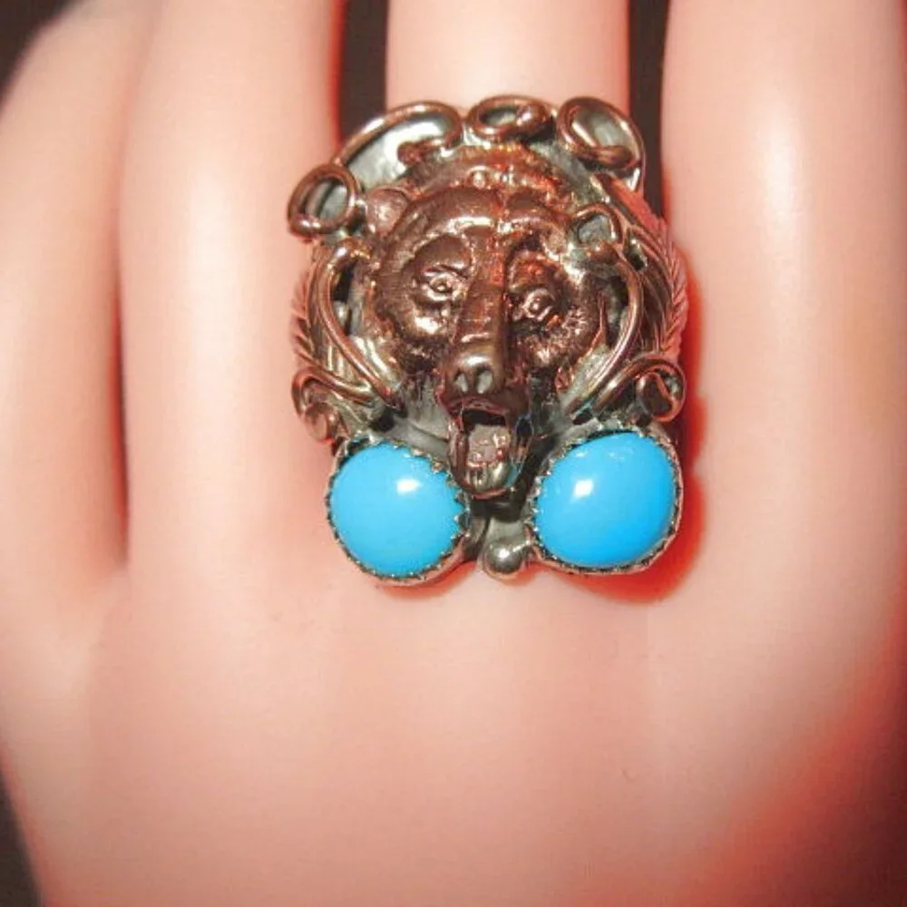 Navajo Sterling Silver Turquoise Copper Bear Ring Sz 10 Native American RB 16g